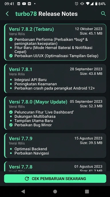 Tampilan riwayat versi turbo78
